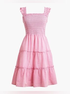 J.Crew Factory striped smocked cotton tiered pink mini dress women’s size large